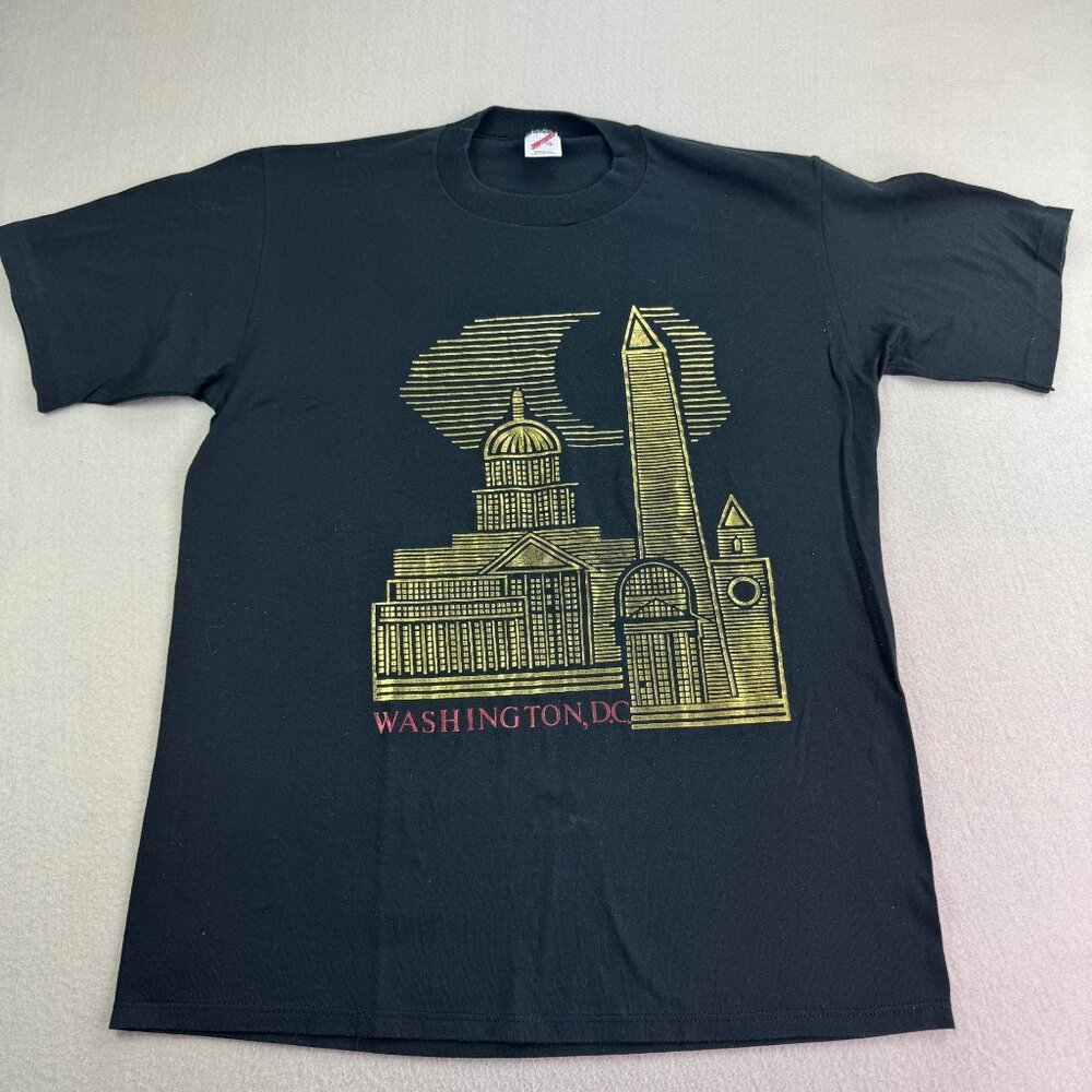 Vintage Jerzees Washington DC Shirt Womens XL (46) Black Gold Short Sleeve